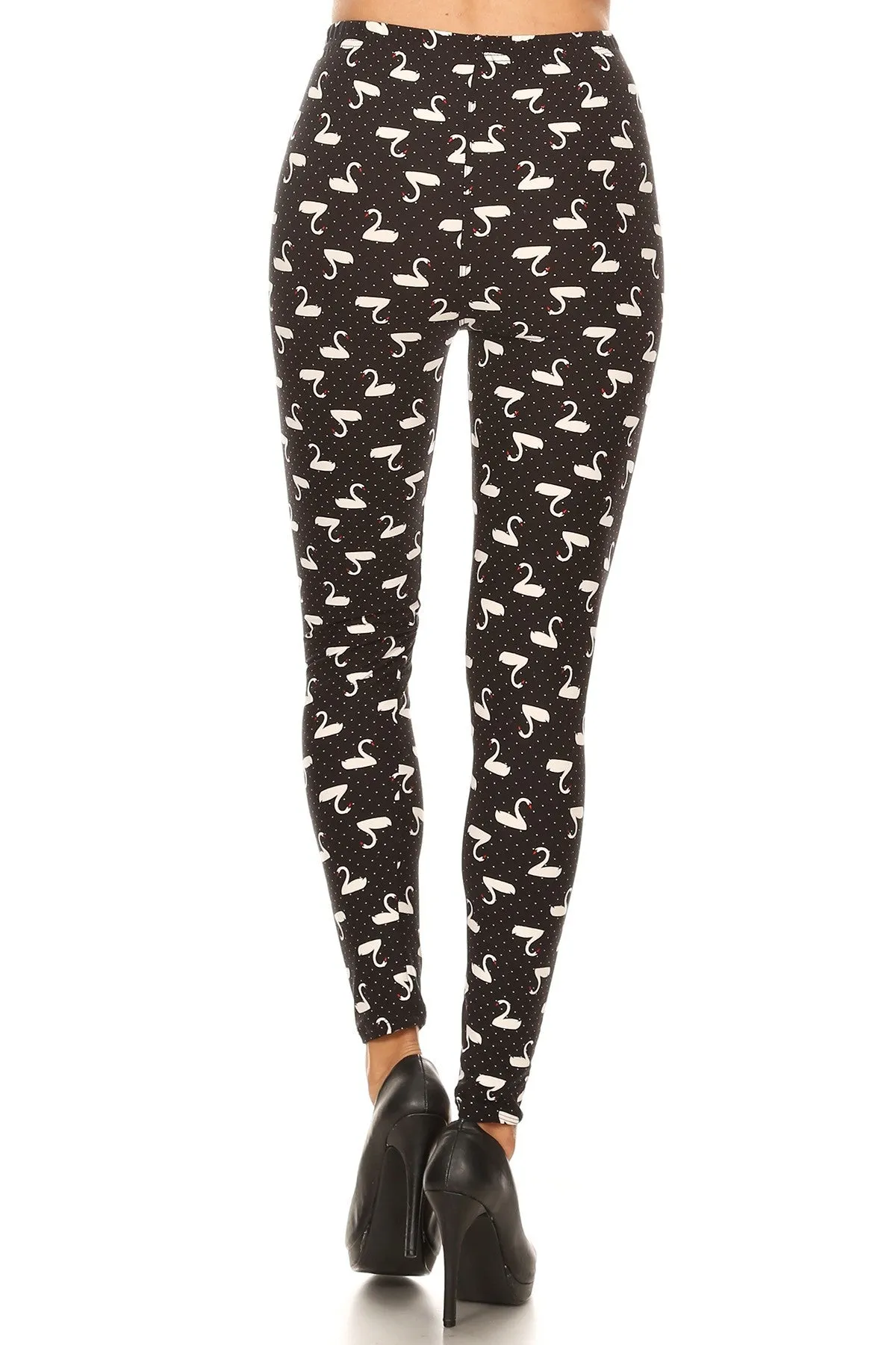 Plus Size Black and White Swan Birds Pattern Printed Leggings for Women