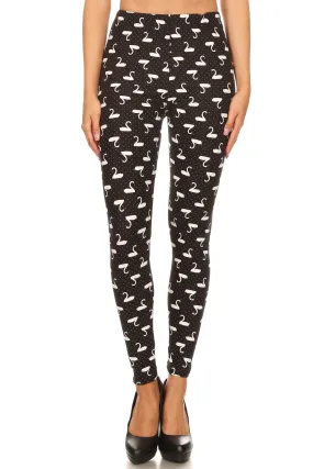 Plus Size Black and White Swan Birds Pattern Printed Leggings for Women