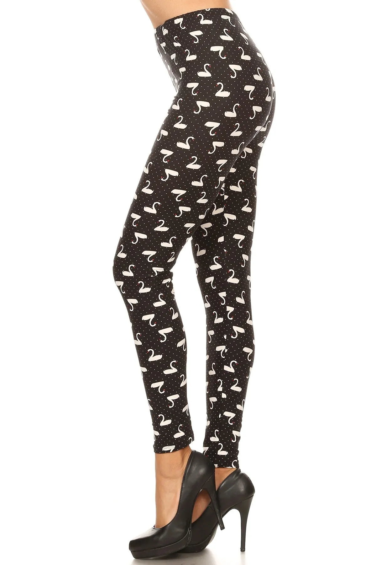 Plus Size Black and White Swan Birds Pattern Printed Leggings for Women