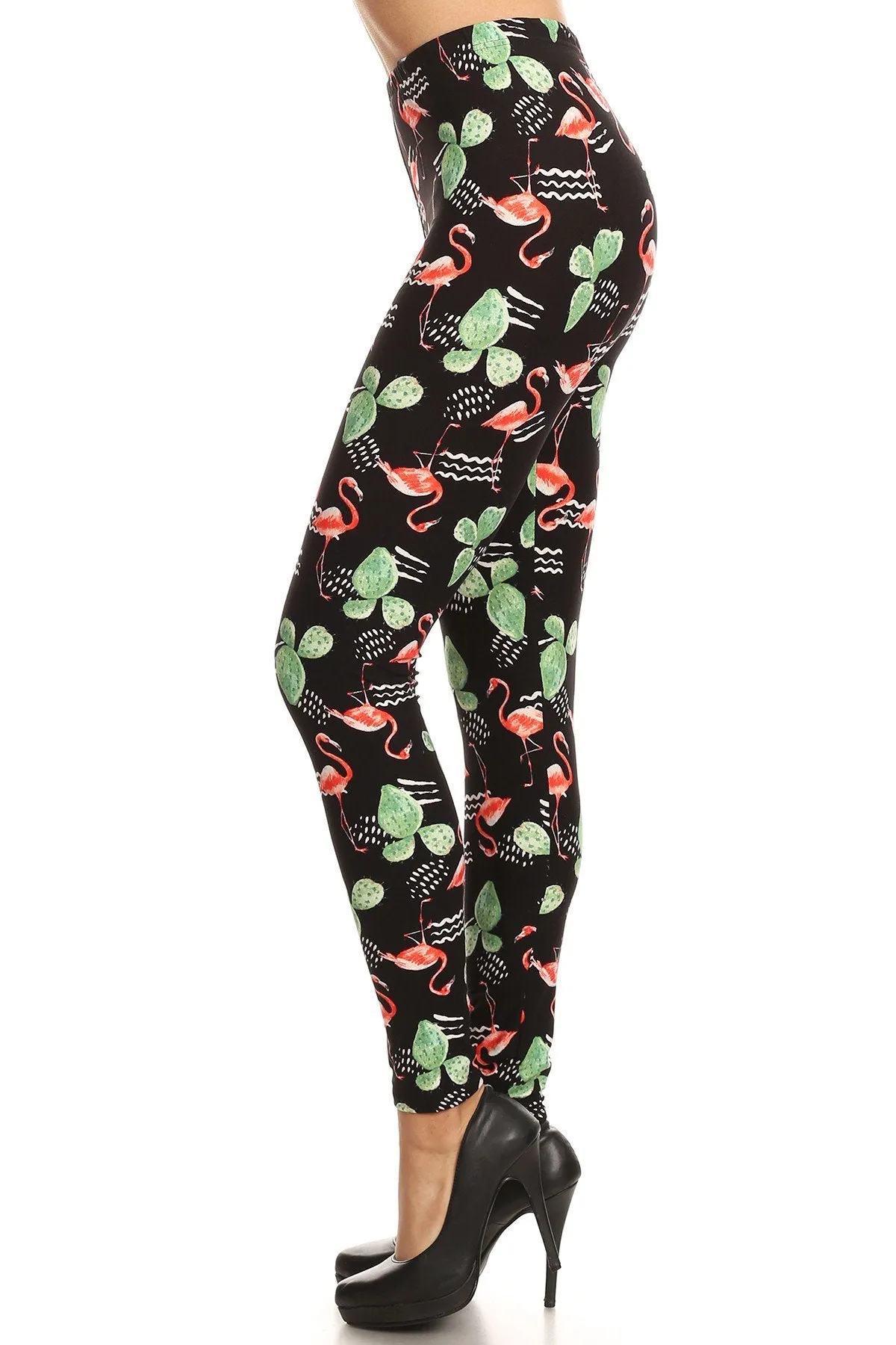 Plus Size Flamingo Cactus Leggings - Women's Print Pattern