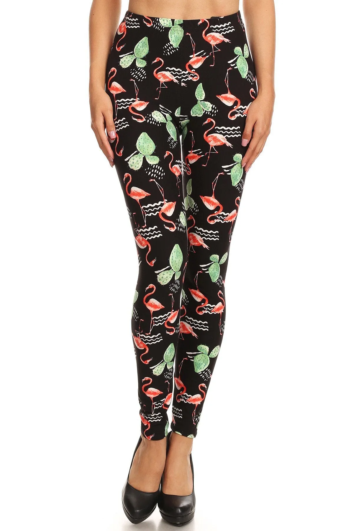 Plus Size Flamingo Cactus Leggings - Women's Print Pattern