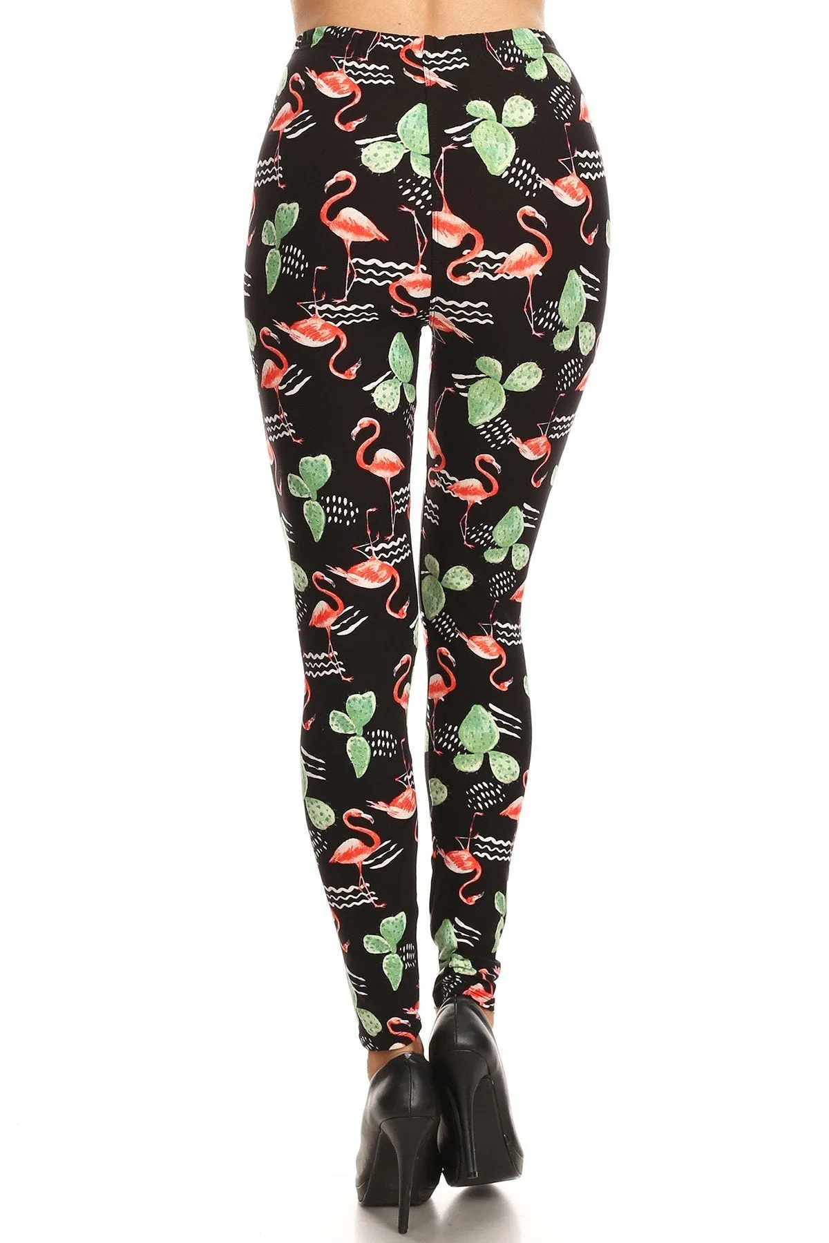 Plus Size Flamingo Cactus Leggings - Women's Print Pattern