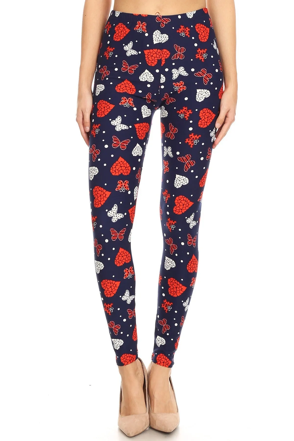 Plus size heart butterfly pattern printed leggings for women, available in 3X and 5X.