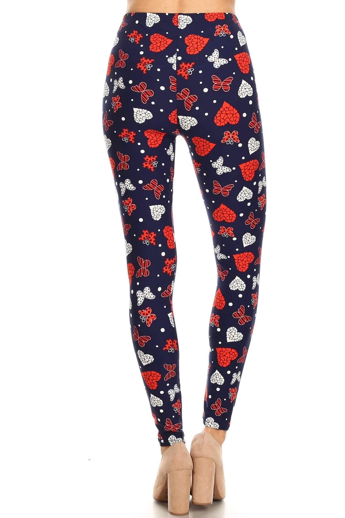 Plus size heart butterfly pattern printed leggings for women, available in 3X and 5X.