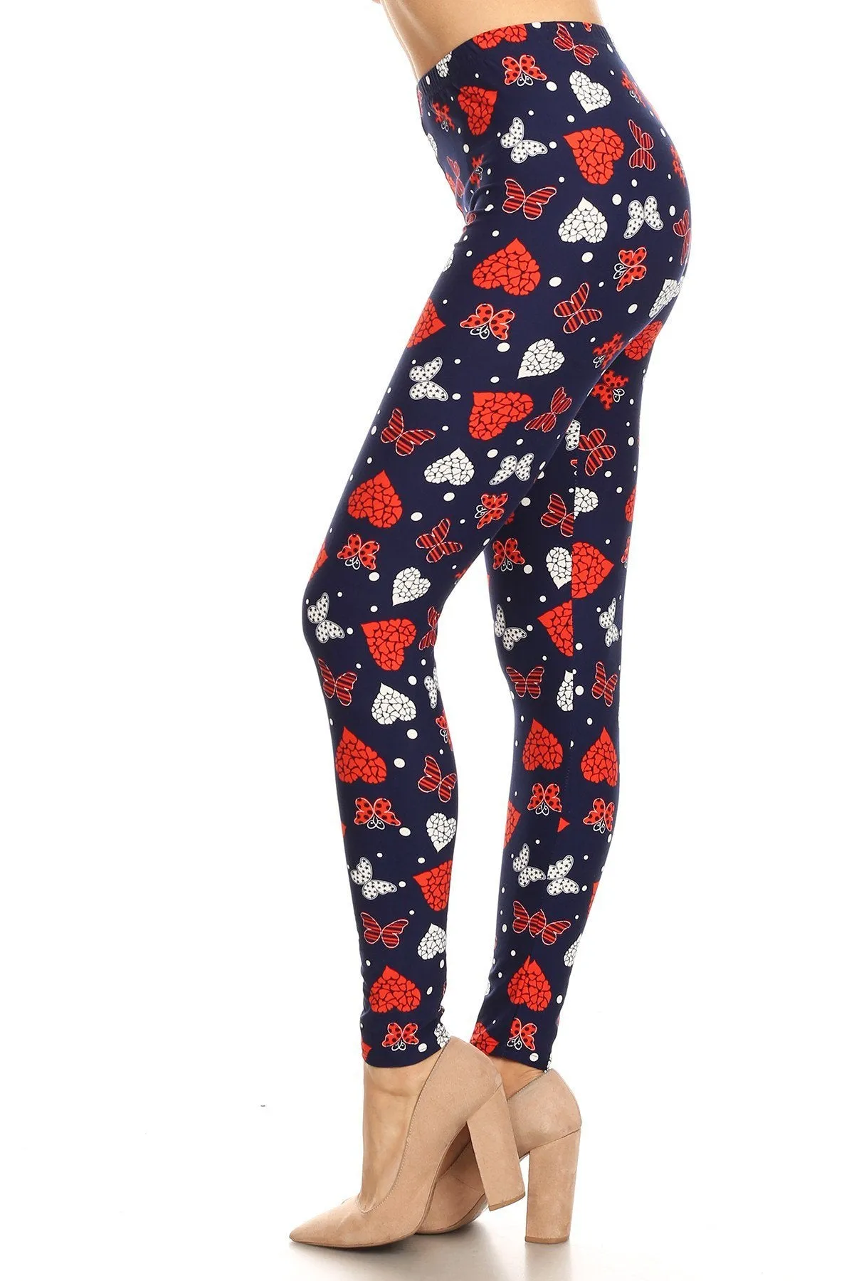 Plus size heart butterfly pattern printed leggings for women, available in 3X and 5X.