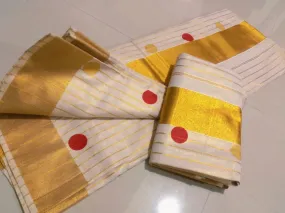 Red Polka Beauty Golden Tissue Saree-blouse Set for Women