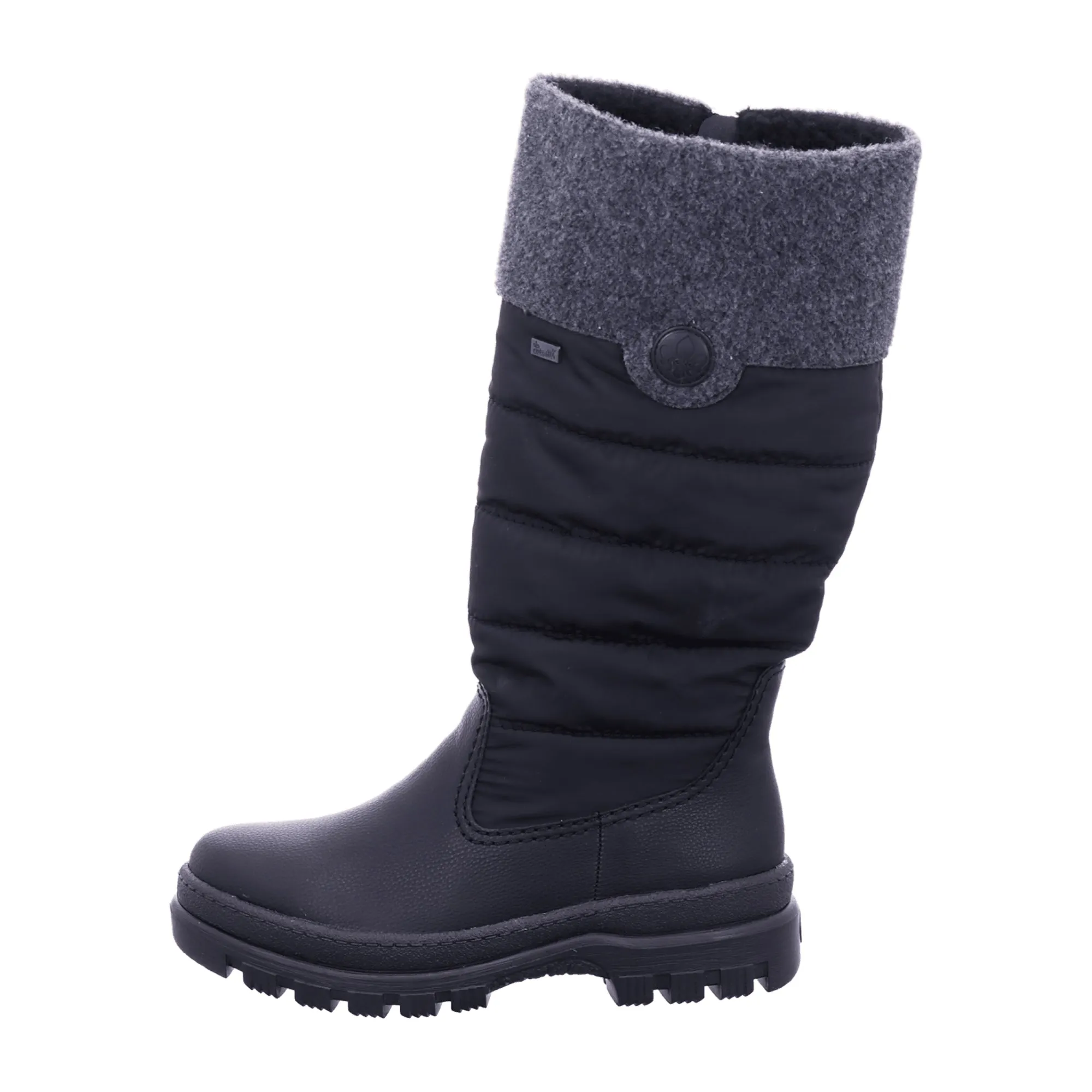 Rieker black women's warm lined winter boots with textile upper.