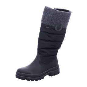 Rieker black women's warm lined winter boots with textile upper.