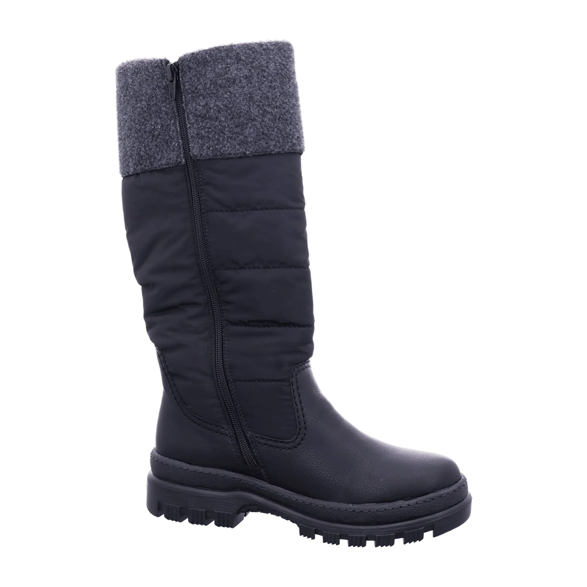 Rieker black women's warm lined winter boots with textile upper.