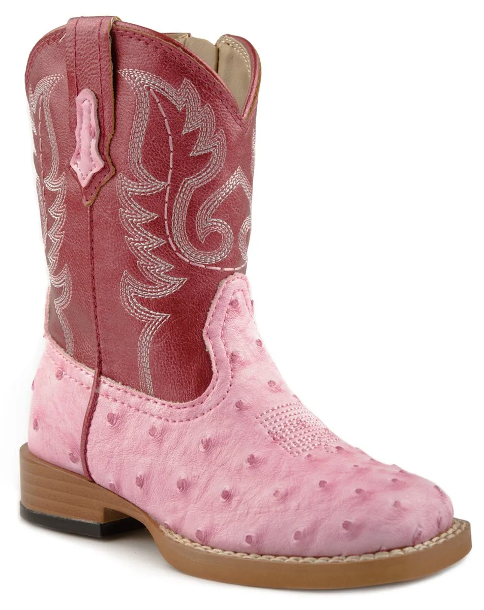 Roper Baby Girls Square Toe Pink Faux Ostrich Print Leather Cowboy Boots - Best Price!