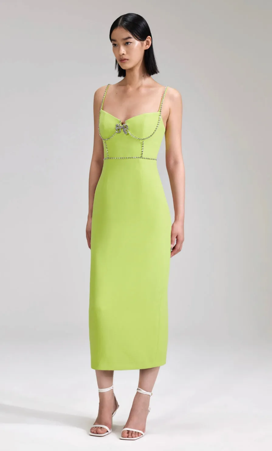 Self-Portrait Lime Crepe Bow Midi Dress Green