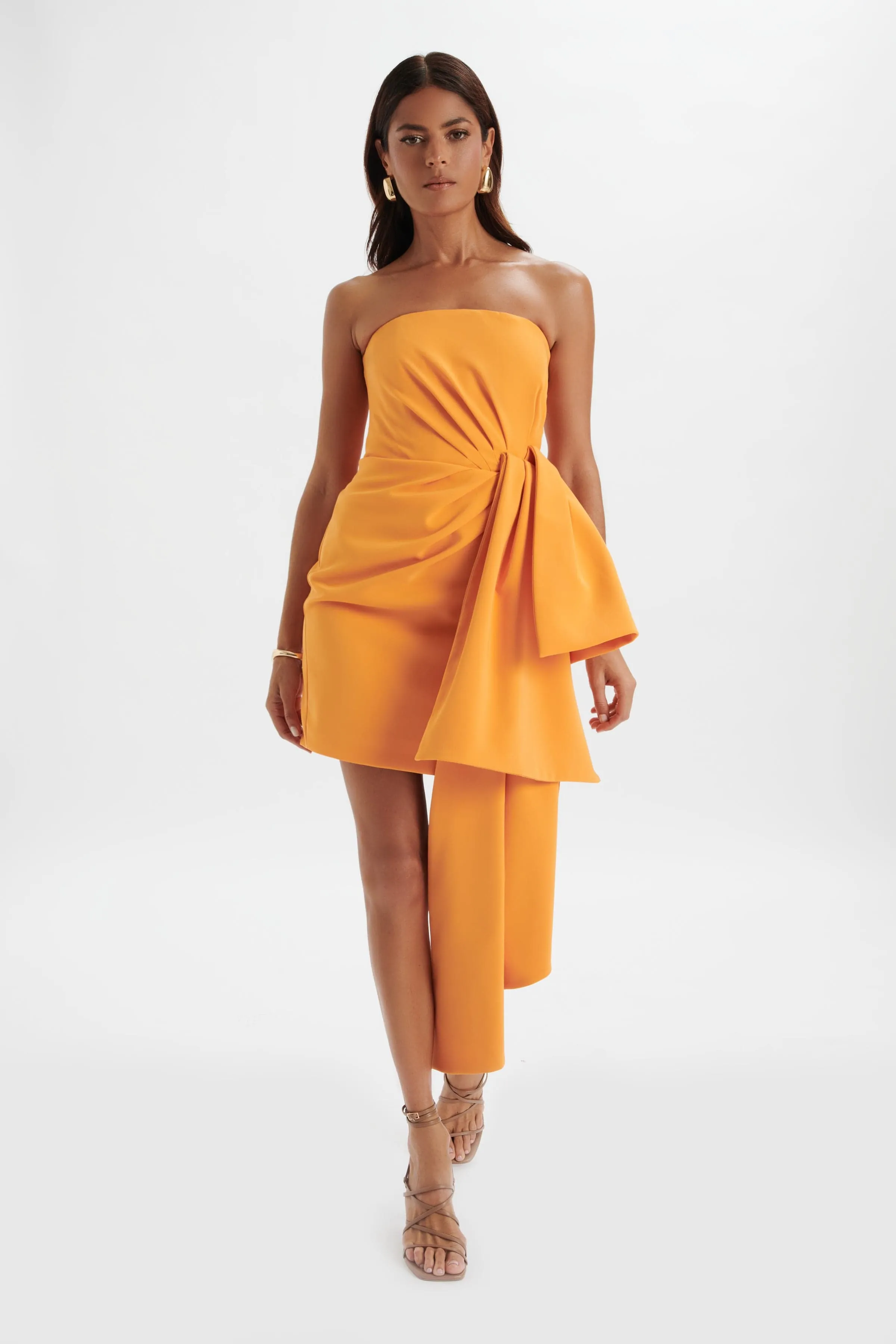 Shakira Apricot Midi Dress: Bandeau, Half Bow, Drape Design.