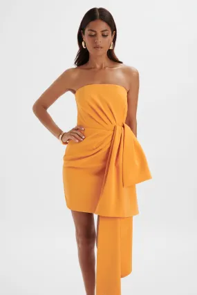 Shakira Apricot Midi Dress: Bandeau, Half Bow, Drape Design.