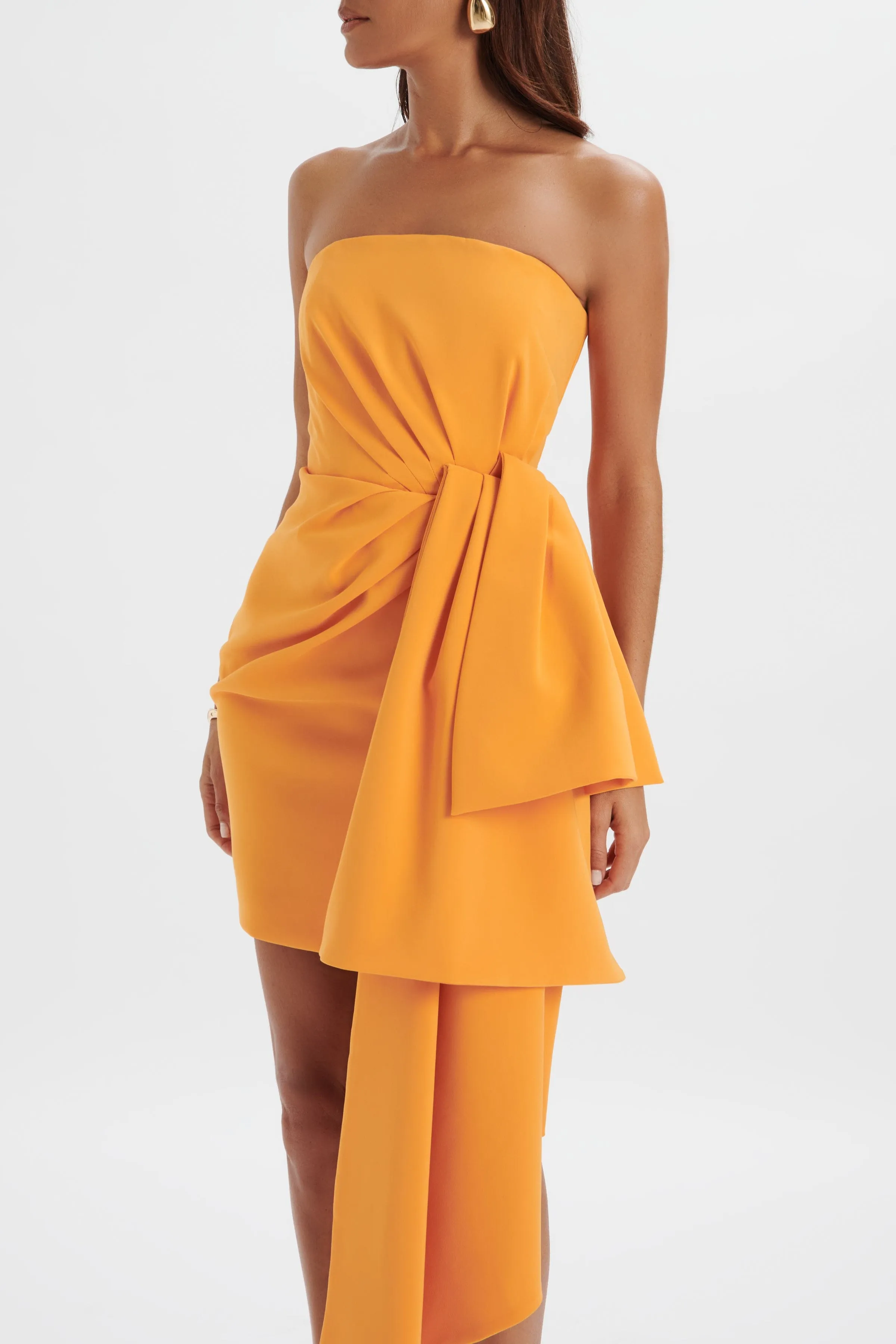 Shakira Apricot Midi Dress: Bandeau, Half Bow, Drape Design.