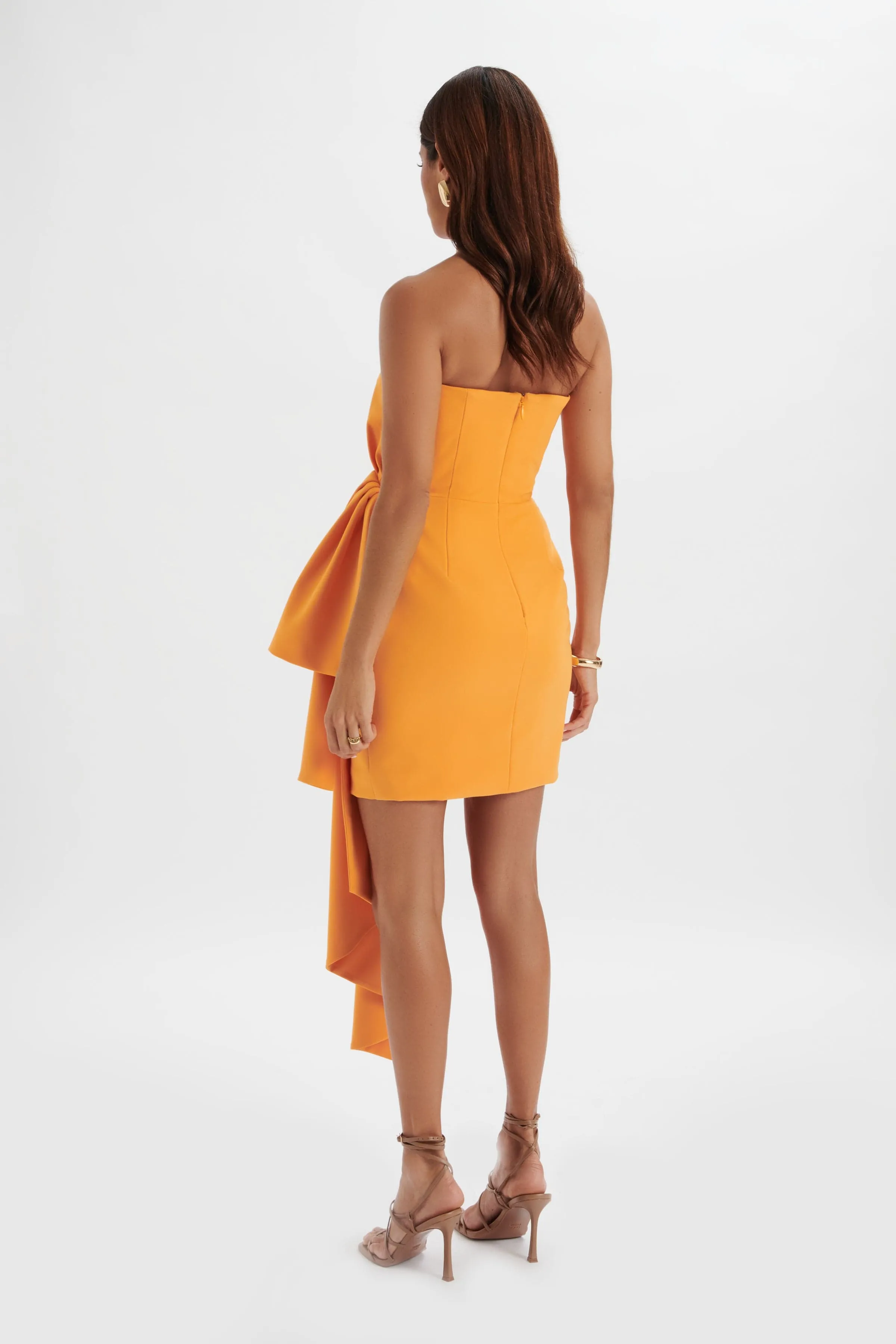 Shakira Apricot Midi Dress: Bandeau, Half Bow, Drape Design.