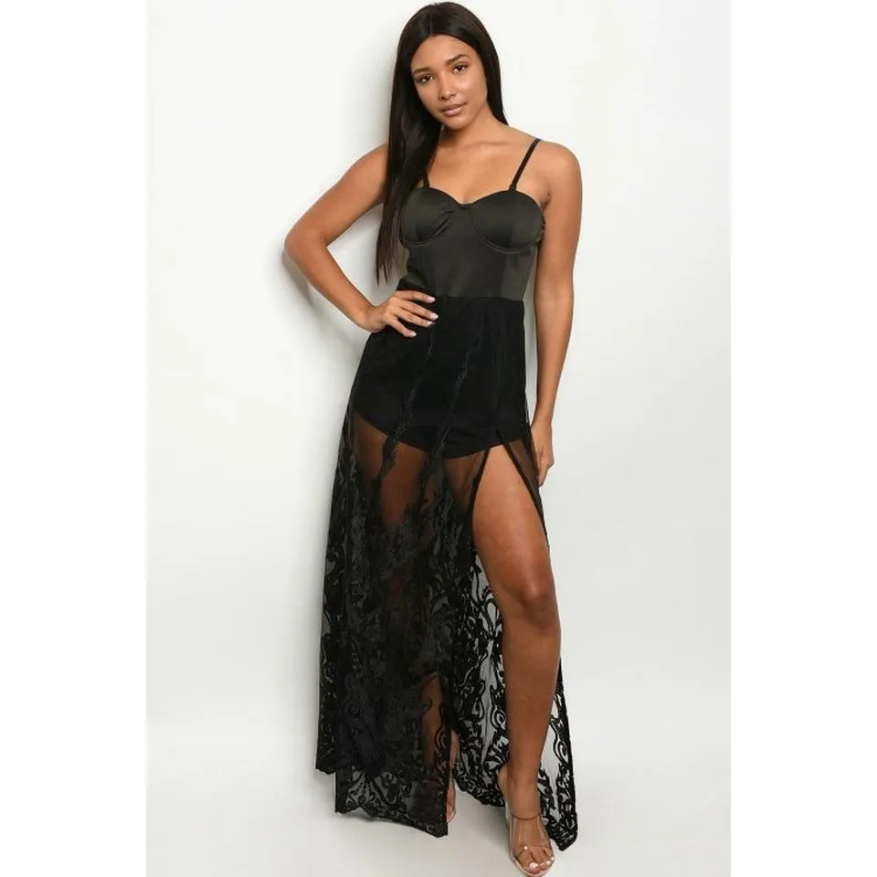 Sleeveless lace overlay romper maxi dress - Google SEO result: Lace overlay romper maxi dress