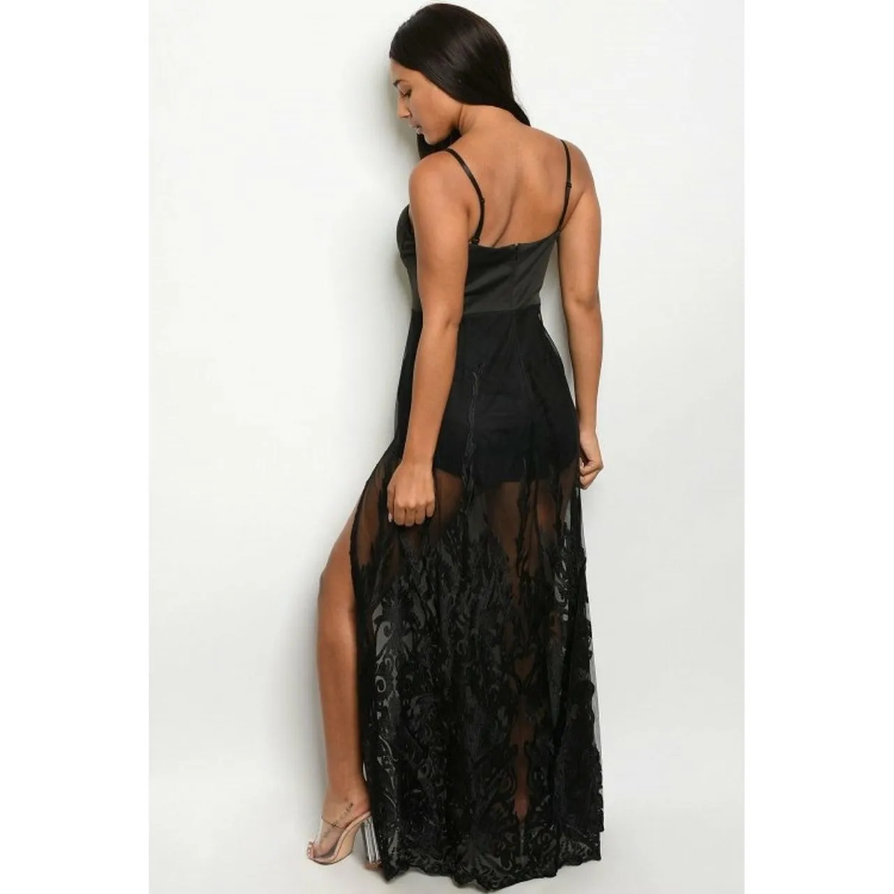 Sleeveless lace overlay romper maxi dress - Google SEO result: Lace overlay romper maxi dress