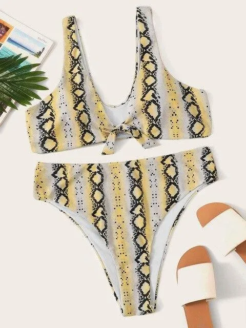 Snake Print High-Waisted Bikini Set