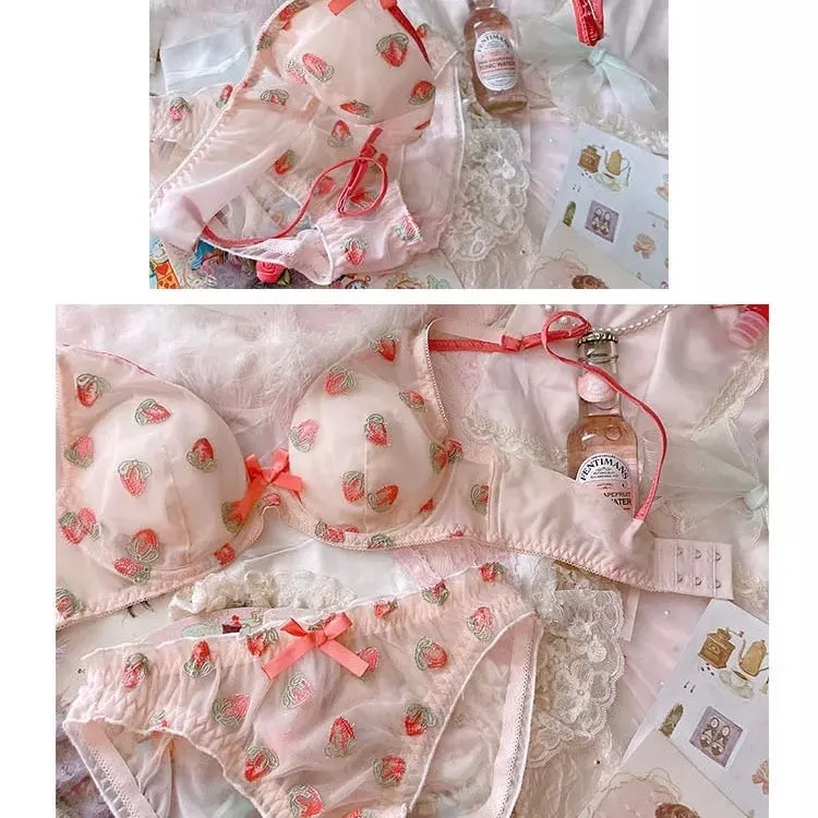 Strawberry Lingerie Set - Kawaii Girly Embellished Soft Delicate