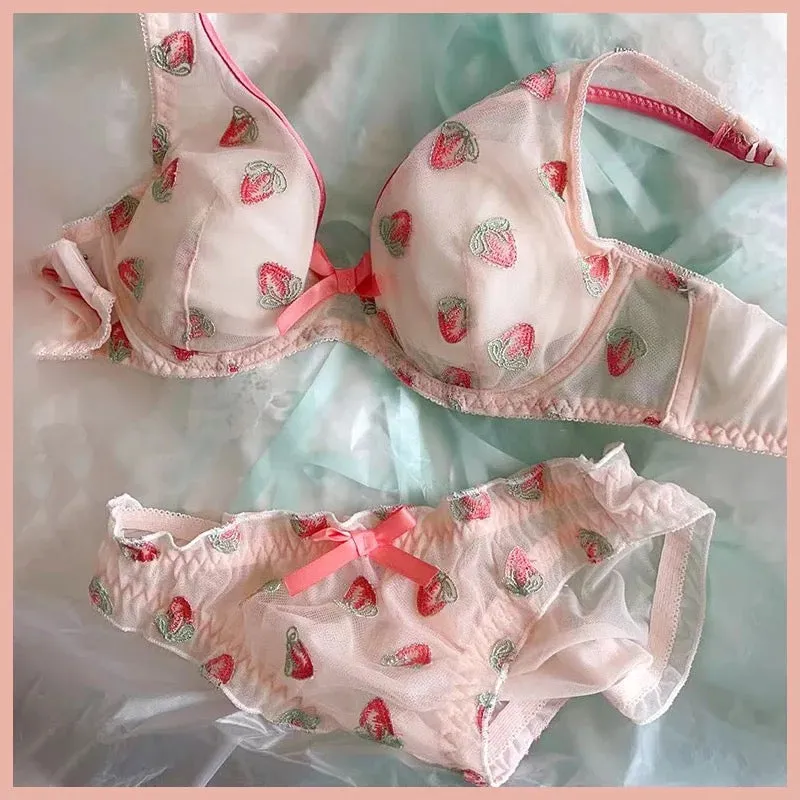 Strawberry Lingerie Set - Kawaii Girly Embellished Soft Delicate