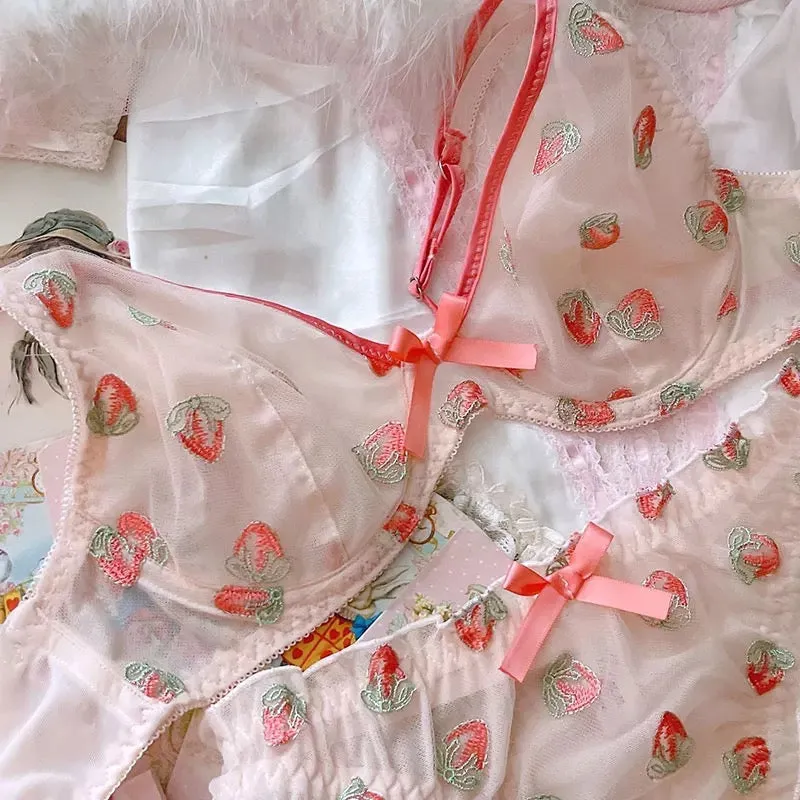 Strawberry Lingerie Set - Kawaii Girly Embellished Soft Delicate