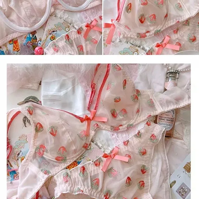 Strawberry Lingerie Set - Kawaii Girly Embellished Soft Delicate