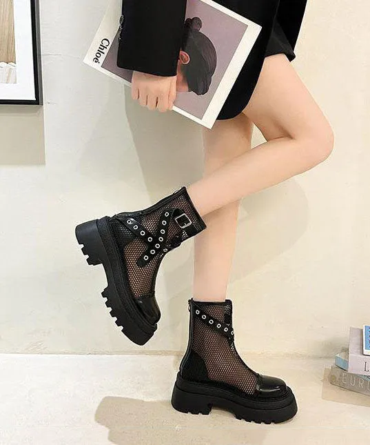 Stylish Pink Mesh Splicing Platform Boots Breathable