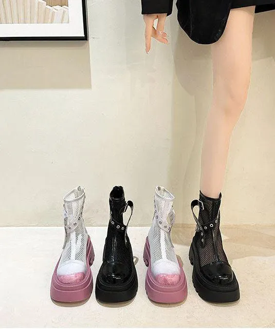 Stylish Pink Mesh Splicing Platform Boots Breathable