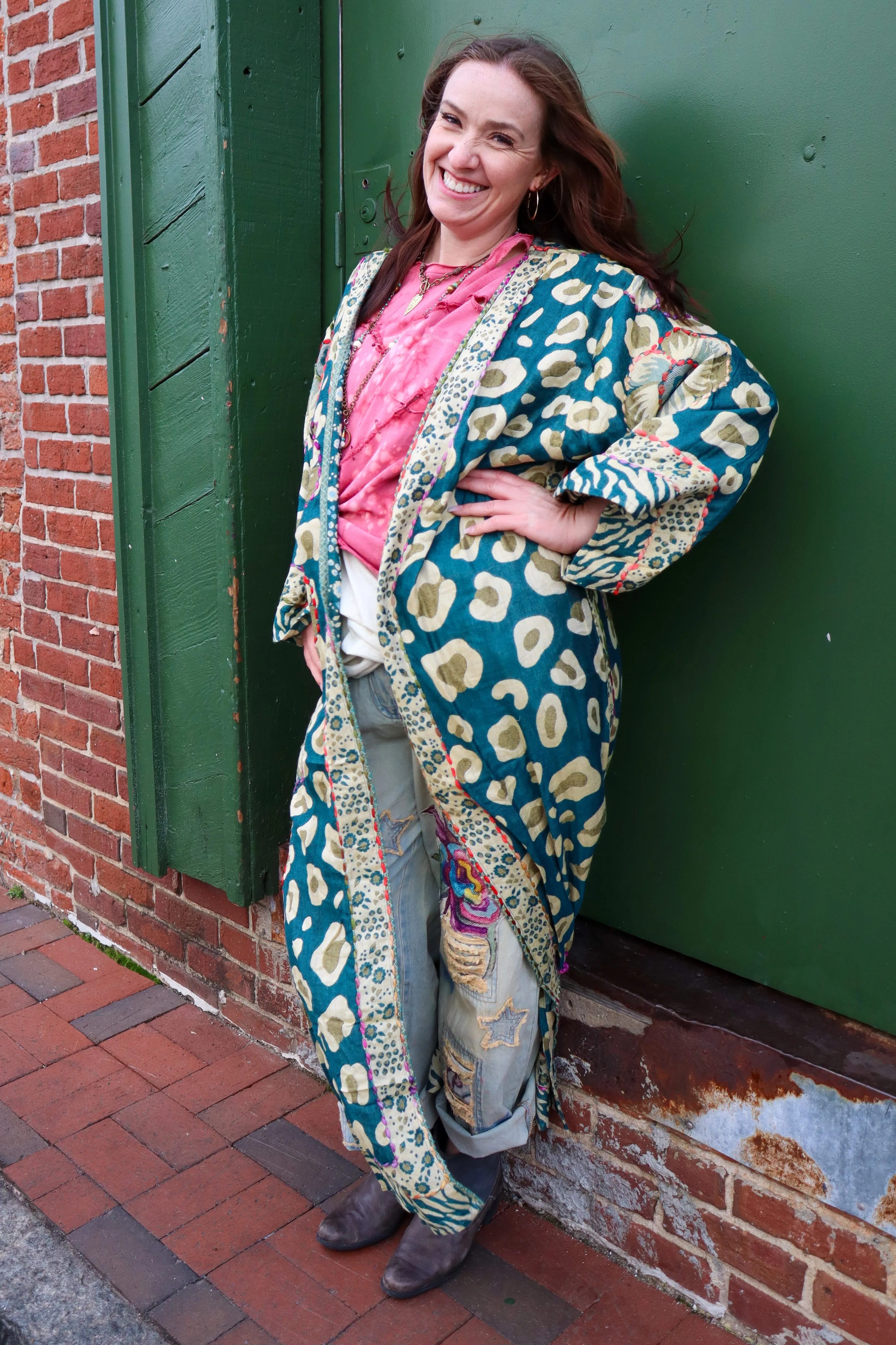 Turquoise Kimono Duster with Spots