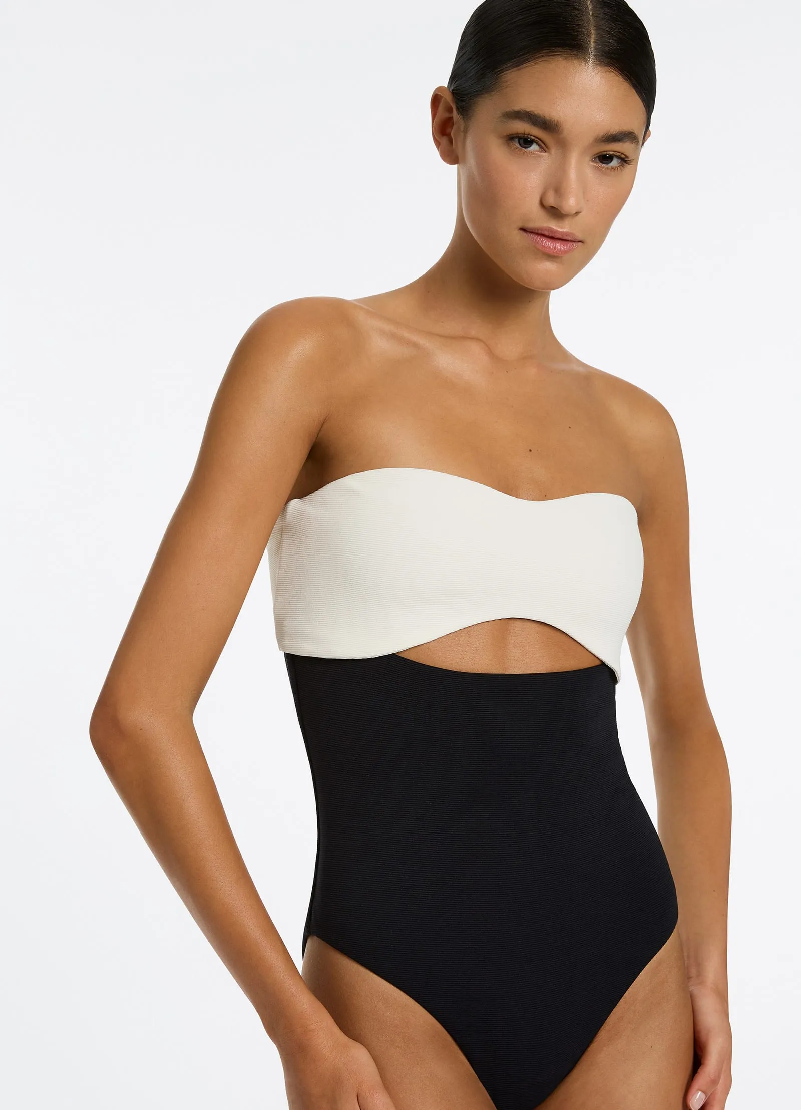 Versa Rib Bandeau One Piece Swimsuit - Black/Cream