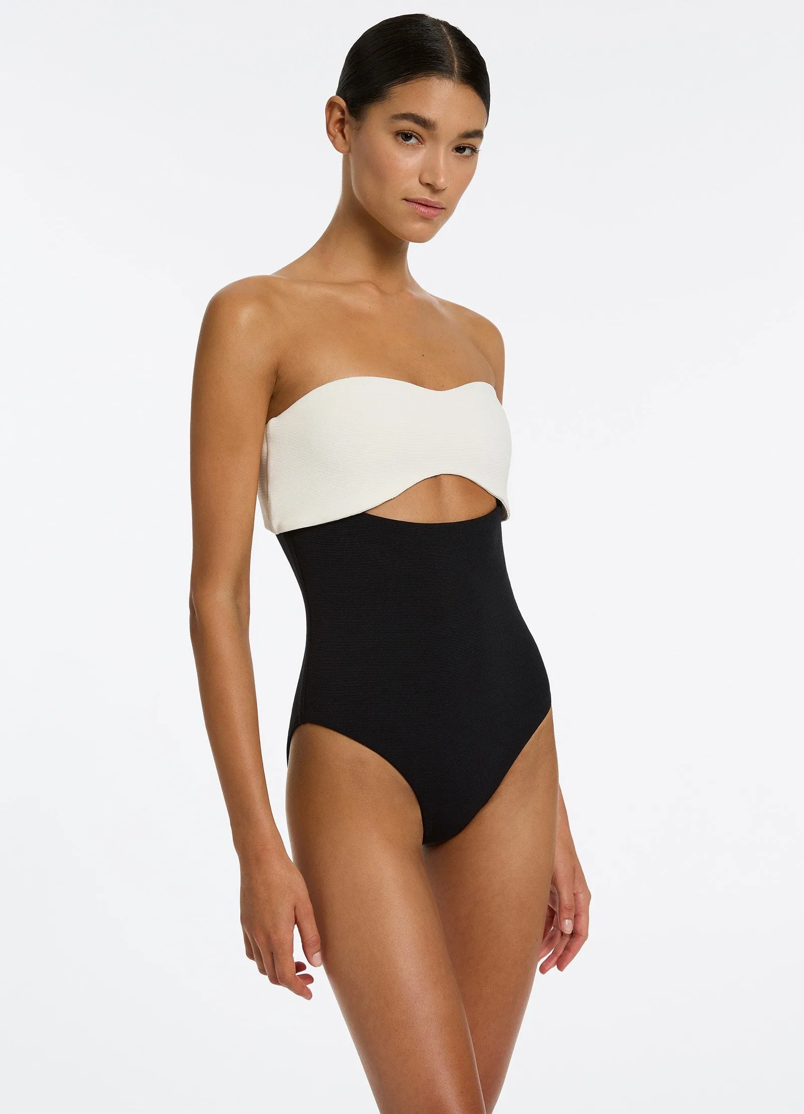 Versa Rib Bandeau One Piece Swimsuit - Black/Cream