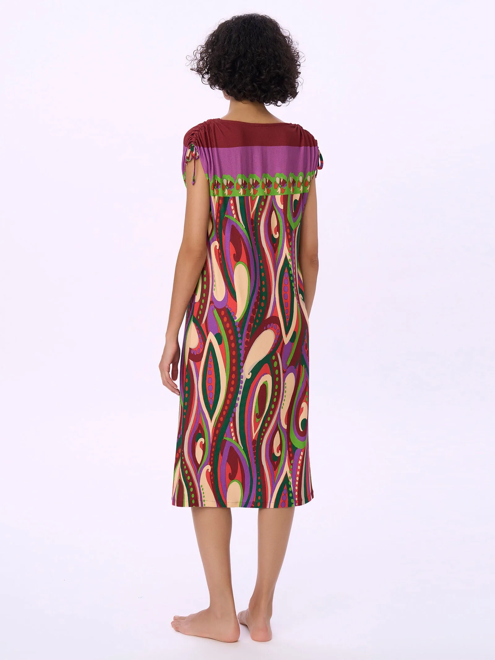 Viscose Summer Dress with Drawstring - Rhododendron Print