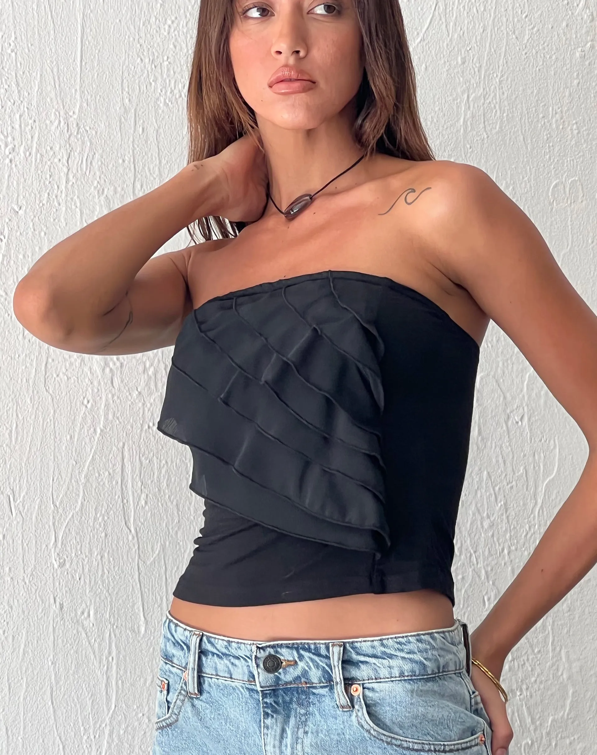 Wayan Black Ruffle Bandeau Top