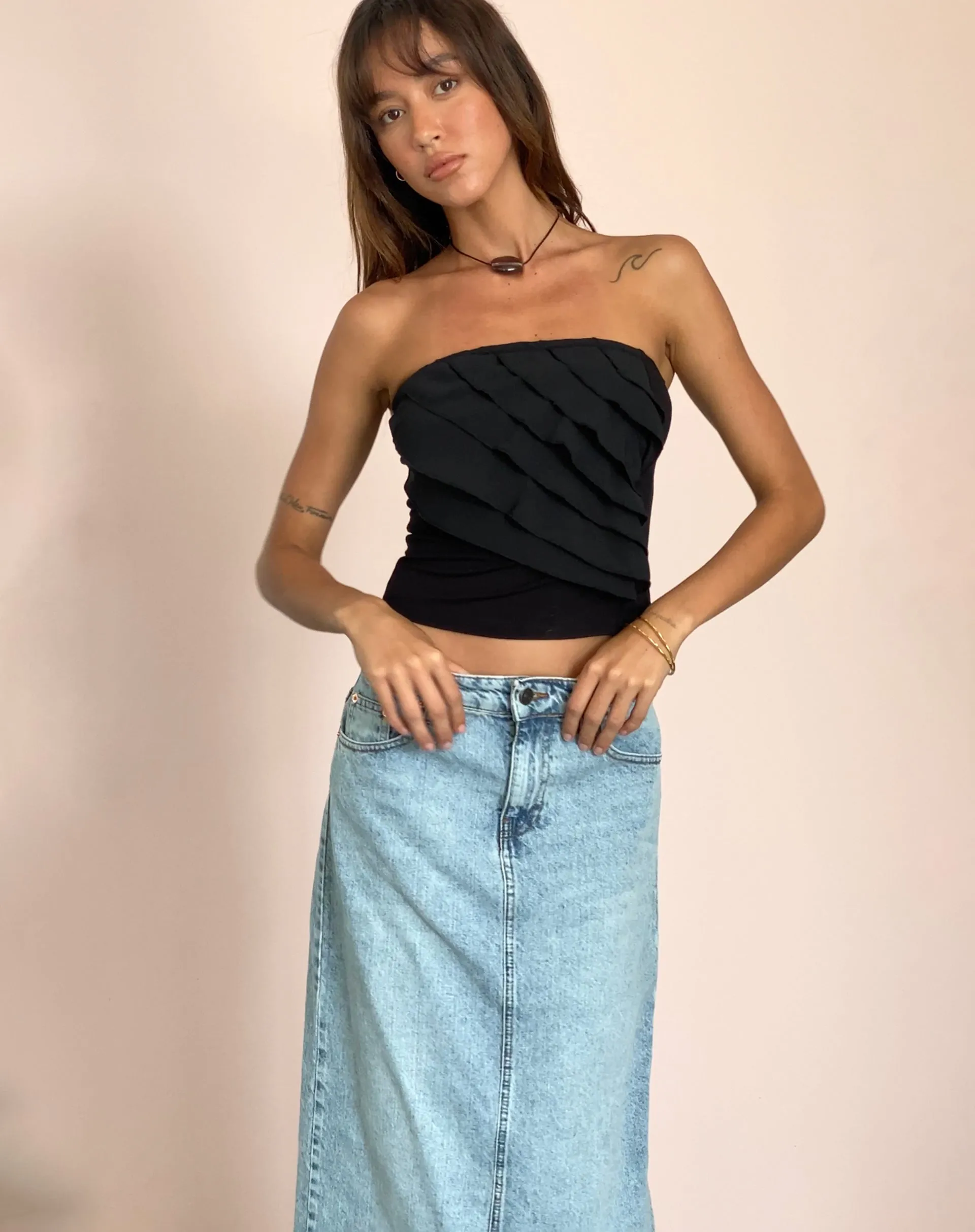 Wayan Black Ruffle Bandeau Top