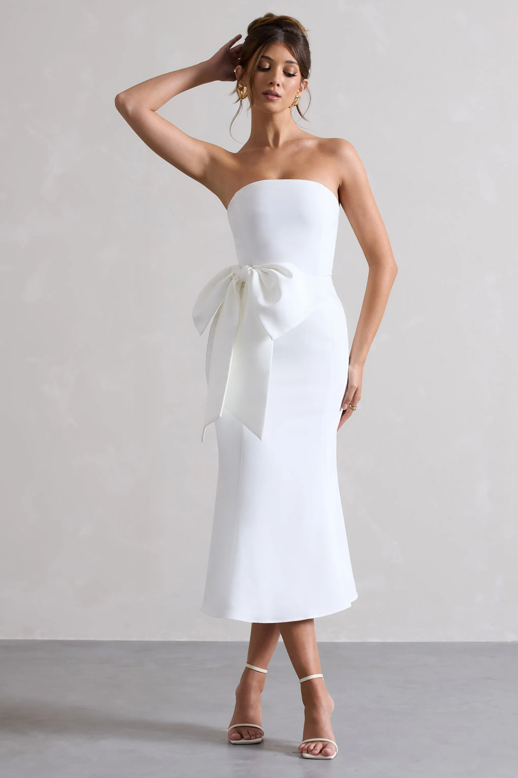 White Bandeau Midi Dress With Oversized Bow - Shop Now.