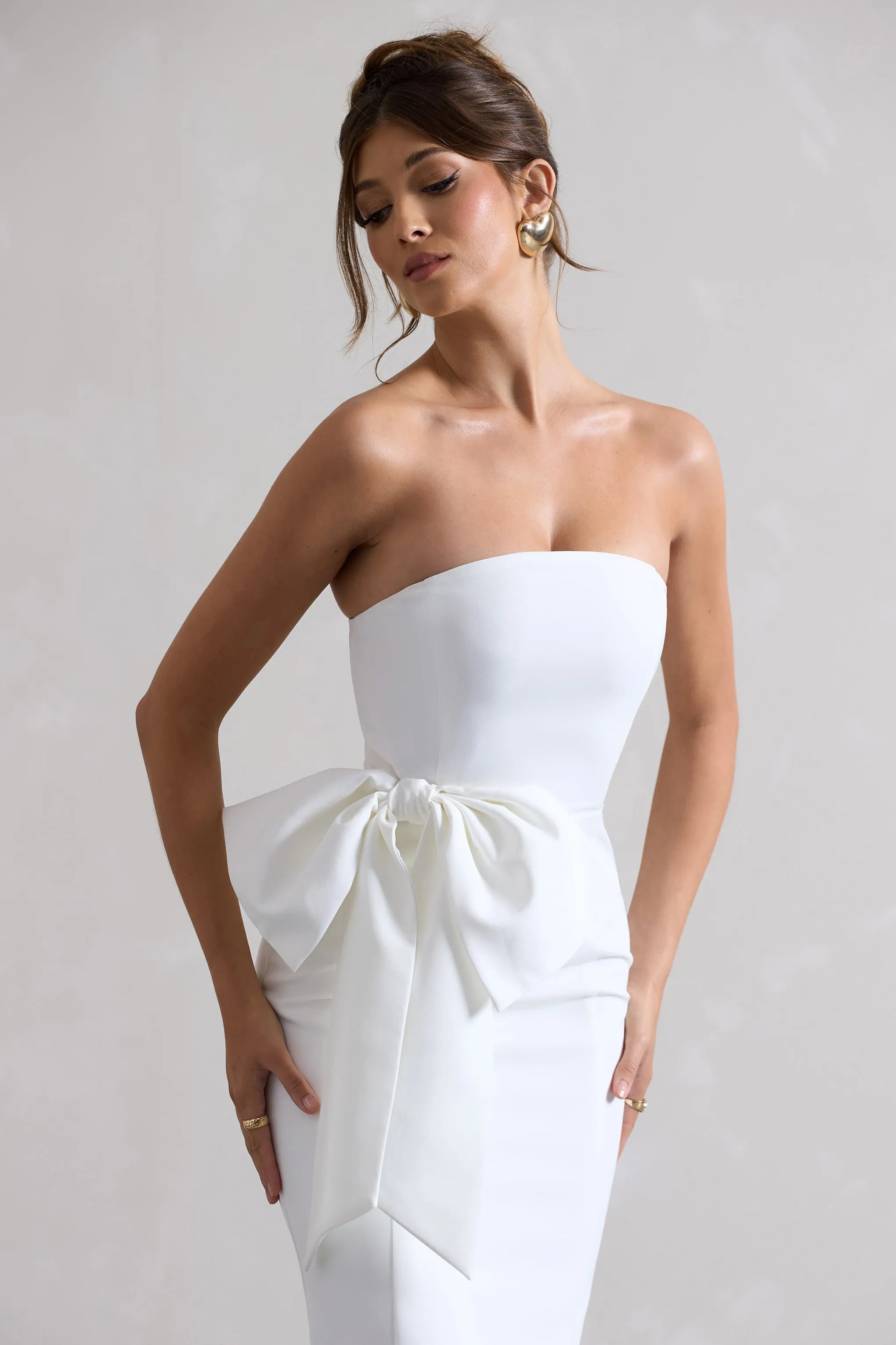 White Bandeau Midi Dress With Oversized Bow - Shop Now.