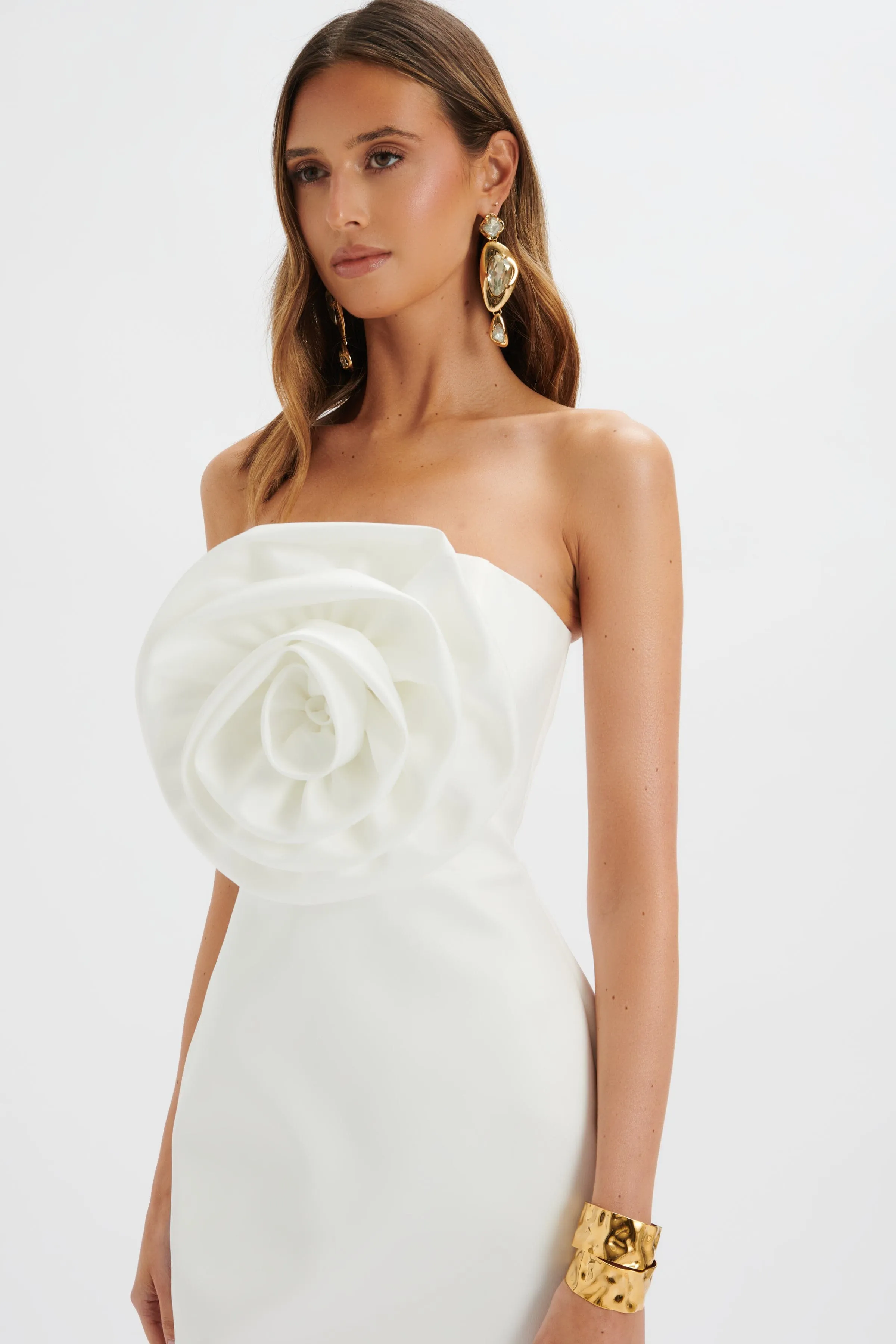 WHITE BRYANNA 3D Flower Satin Mini Dress Bandeau - Buy Now