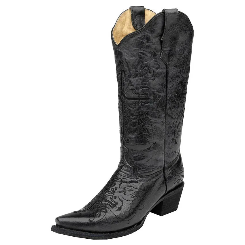 Women's Black Cross Embroidered Western Boots