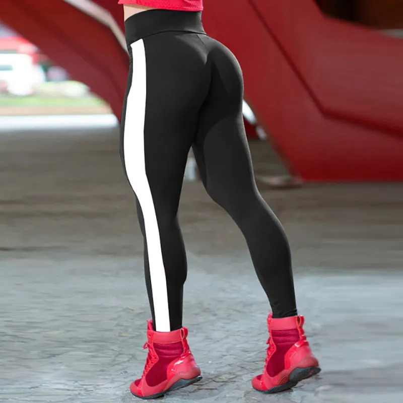 Women's Fitness Leggings with Side Stripe, Push Up Jeggings for Workout and Bodybuilding