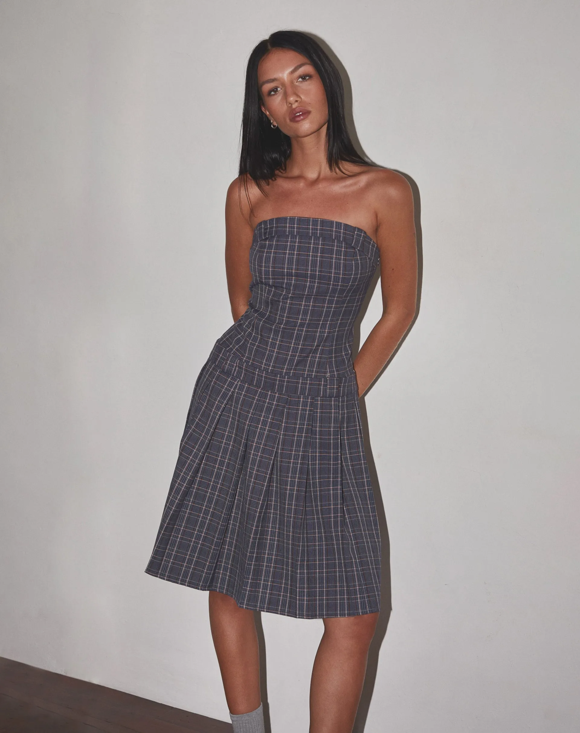 Women's Navy Check Tailored Midi Dress - Aldari Bandeau