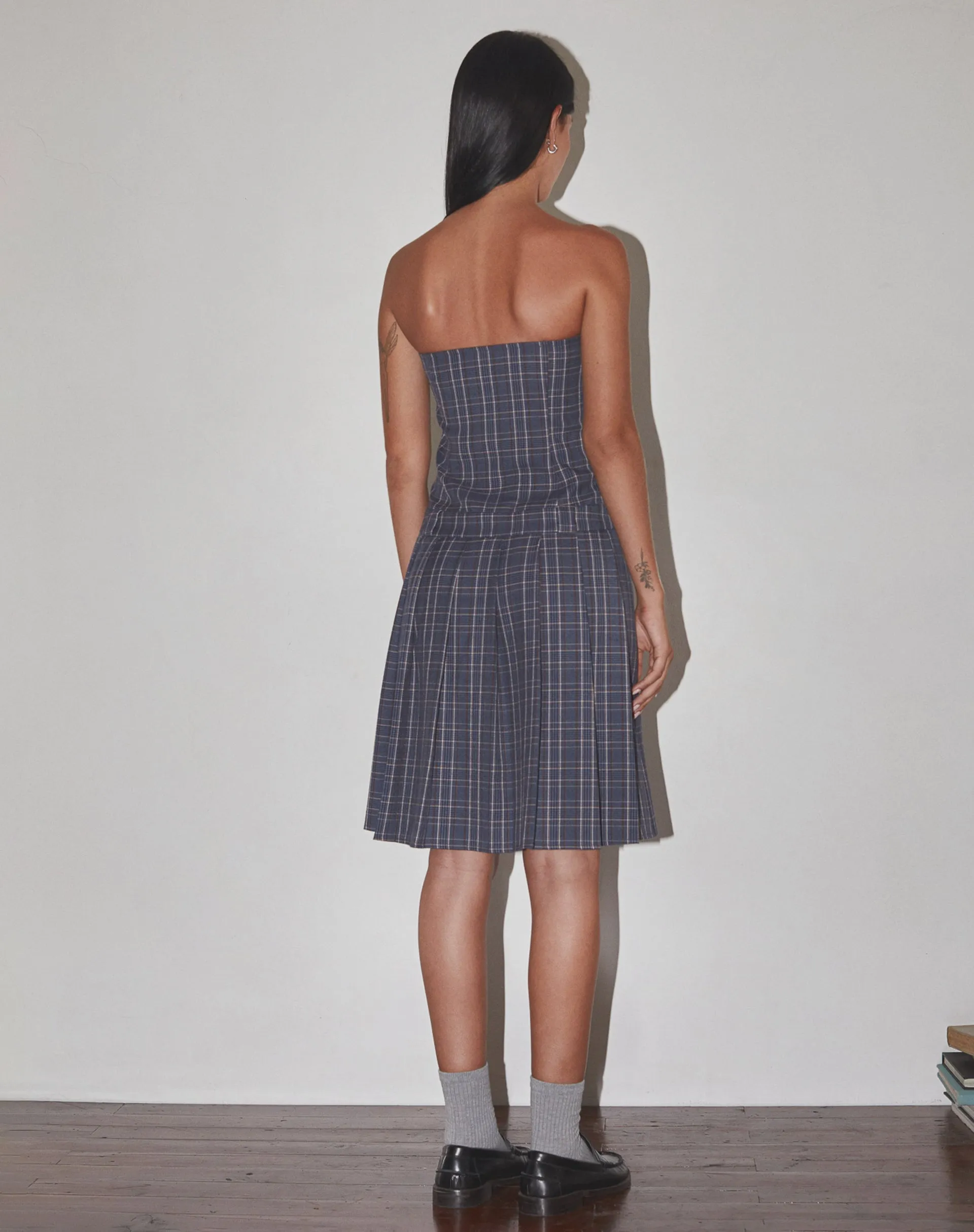 Women's Navy Check Tailored Midi Dress - Aldari Bandeau