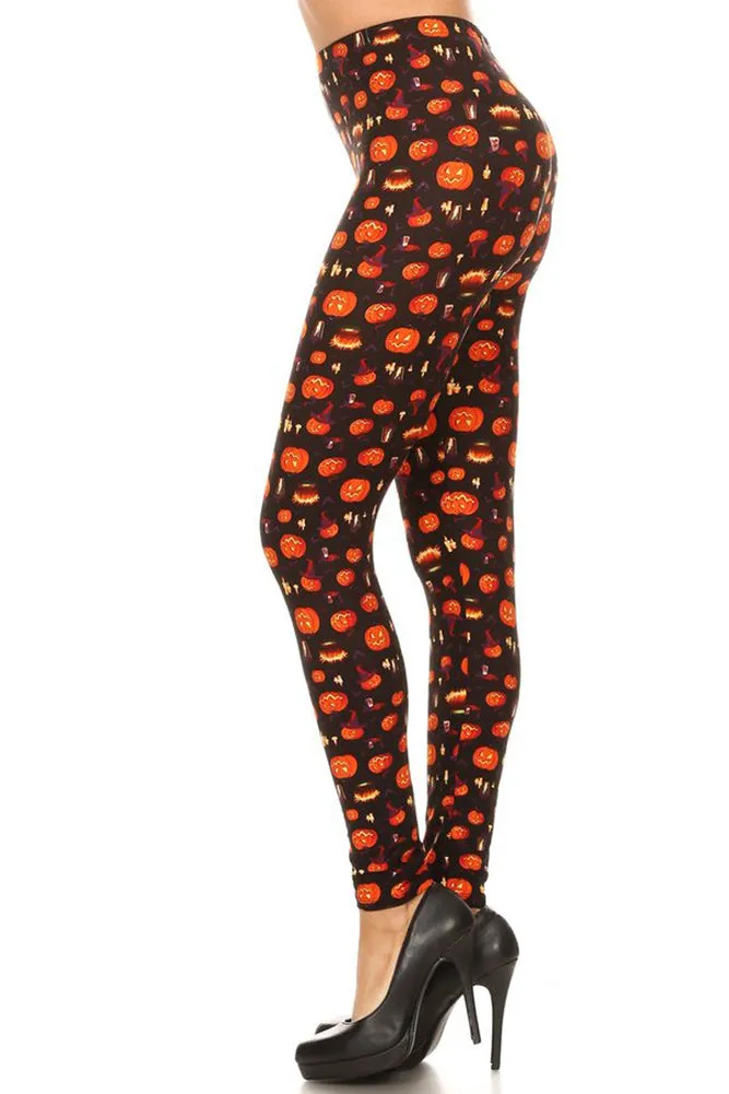 Women's Plus Size Jack O' Lantern Pumpkin Pattern Leggings - One Size / Orange