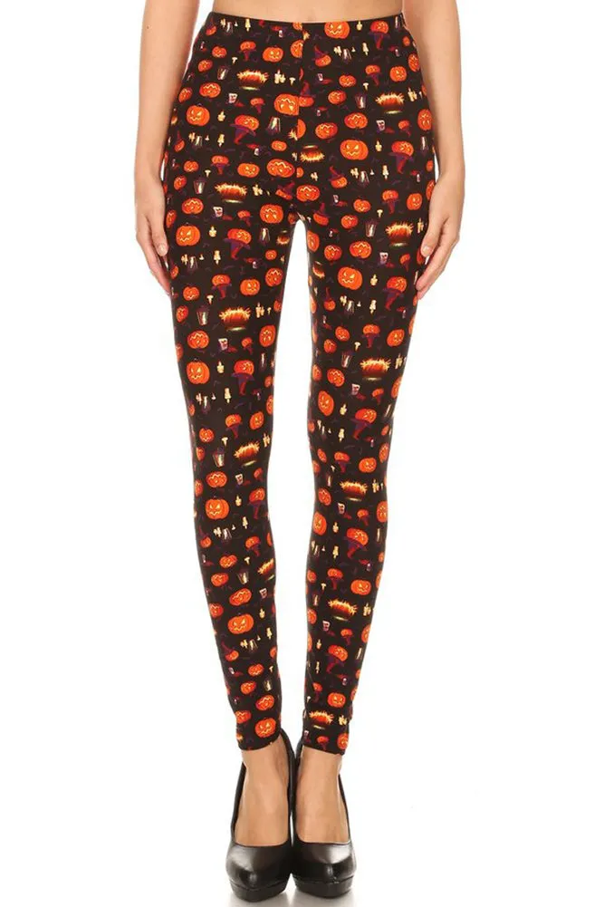 Women's Plus Size Jack O' Lantern Pumpkin Pattern Leggings - One Size / Orange