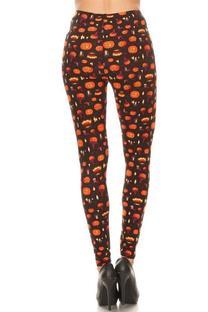 Women's Plus Size Jack O' Lantern Pumpkin Pattern Leggings - One Size / Orange