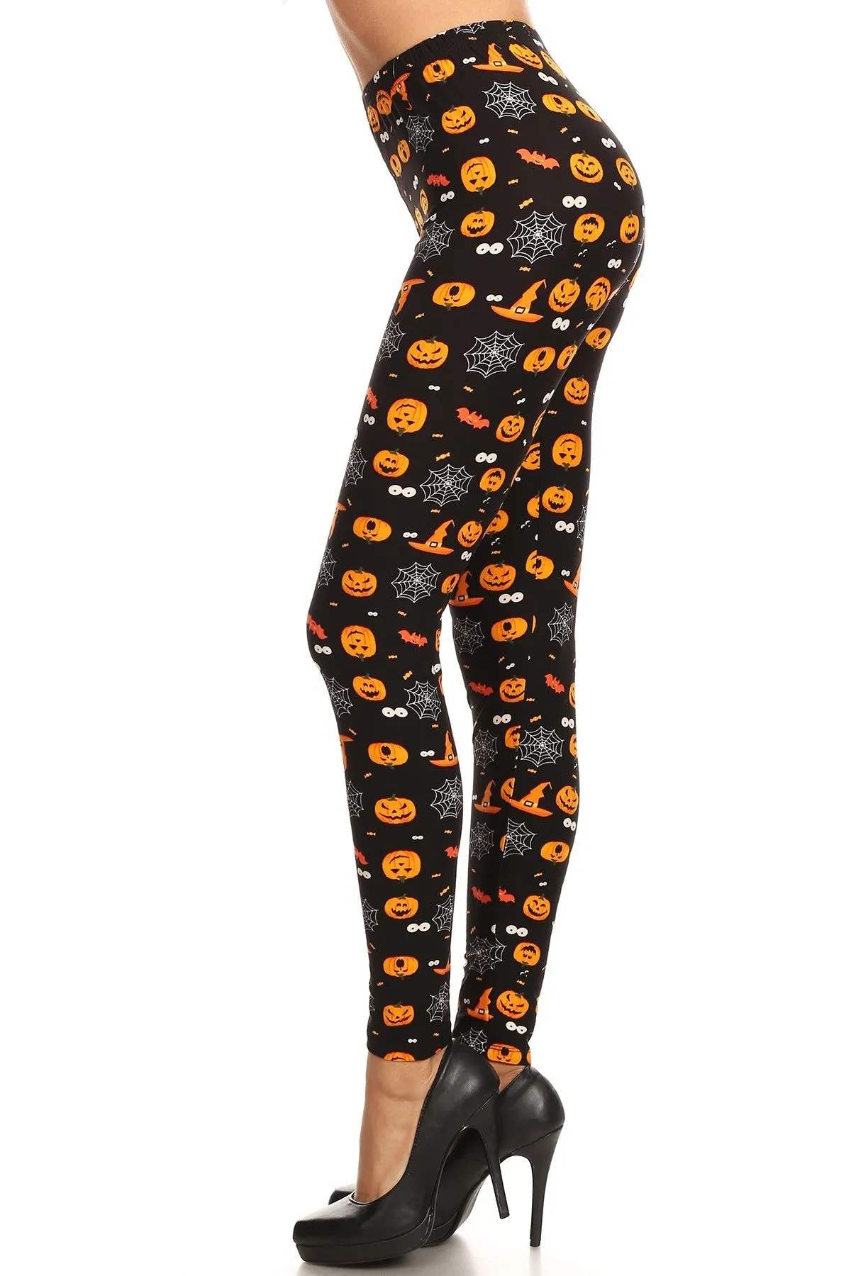 Women's Plus Size Pumpkin Spider Web Pattern Leggings - Orange