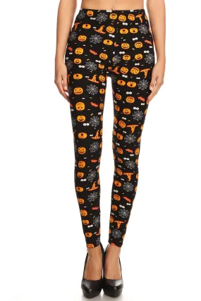 Women's Plus Size Pumpkin Spider Web Pattern Leggings - Orange