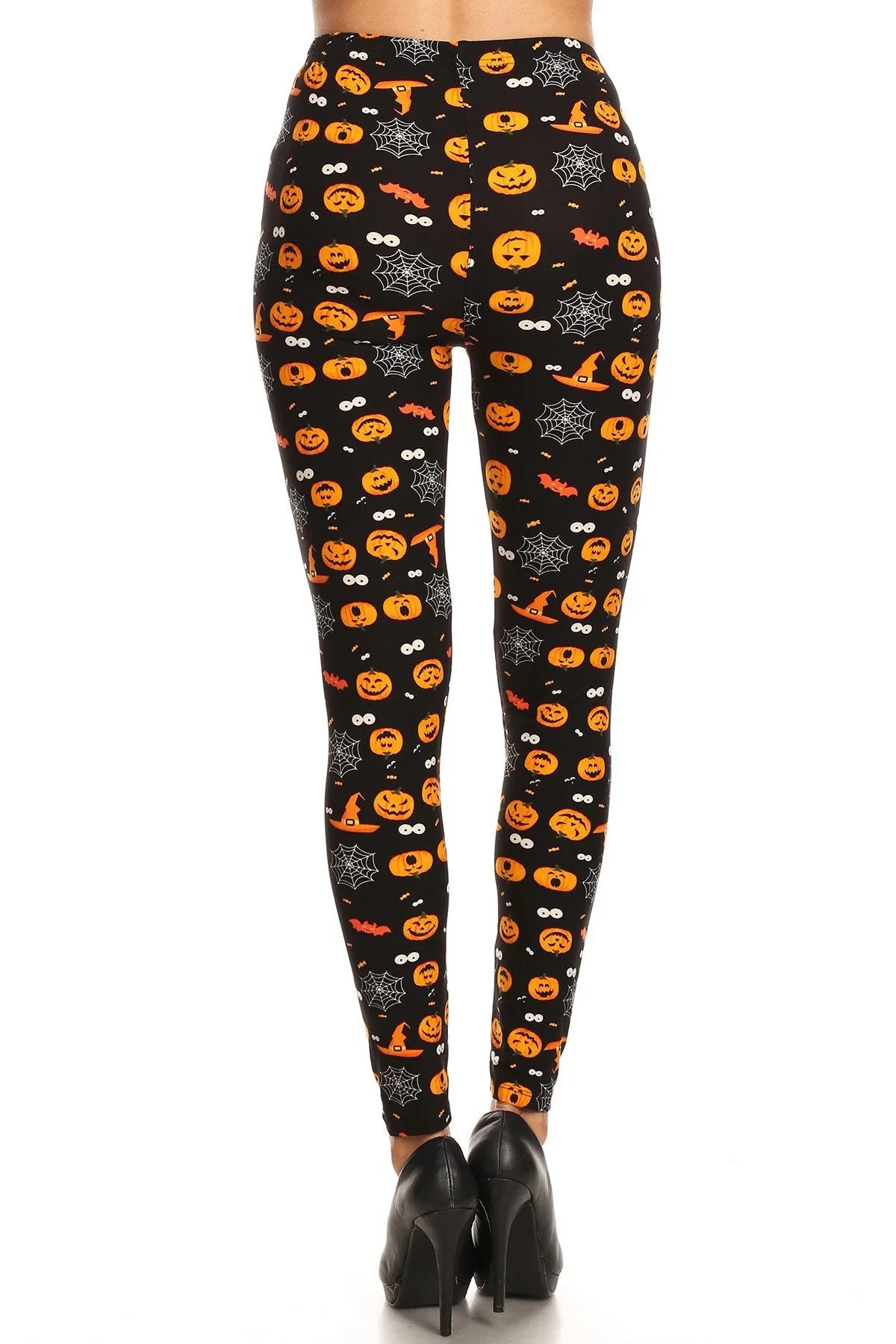 Women's Plus Size Pumpkin Spider Web Pattern Leggings - Orange