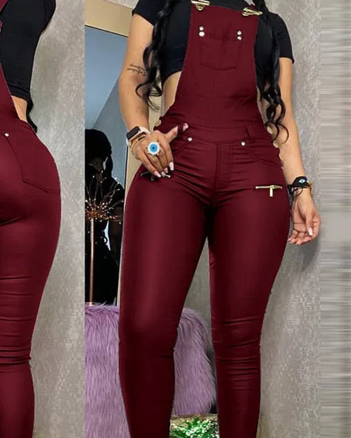 Women's PU Suspender Jumpsuit with Buckled Zipper Design