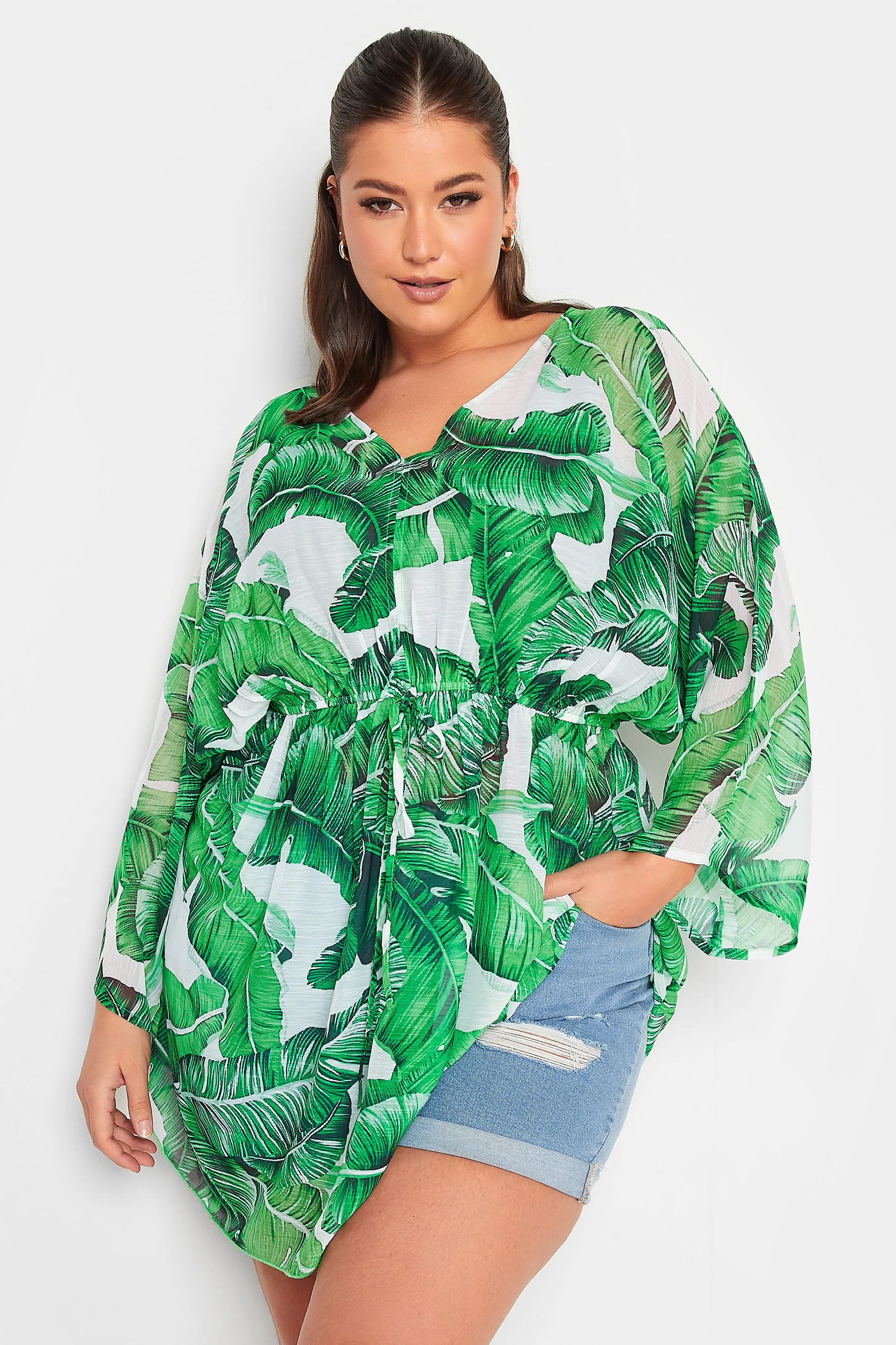 YOURS Curve Green Leaf Print Kimono - Green Leaf Print Kimono by YOURS Curve