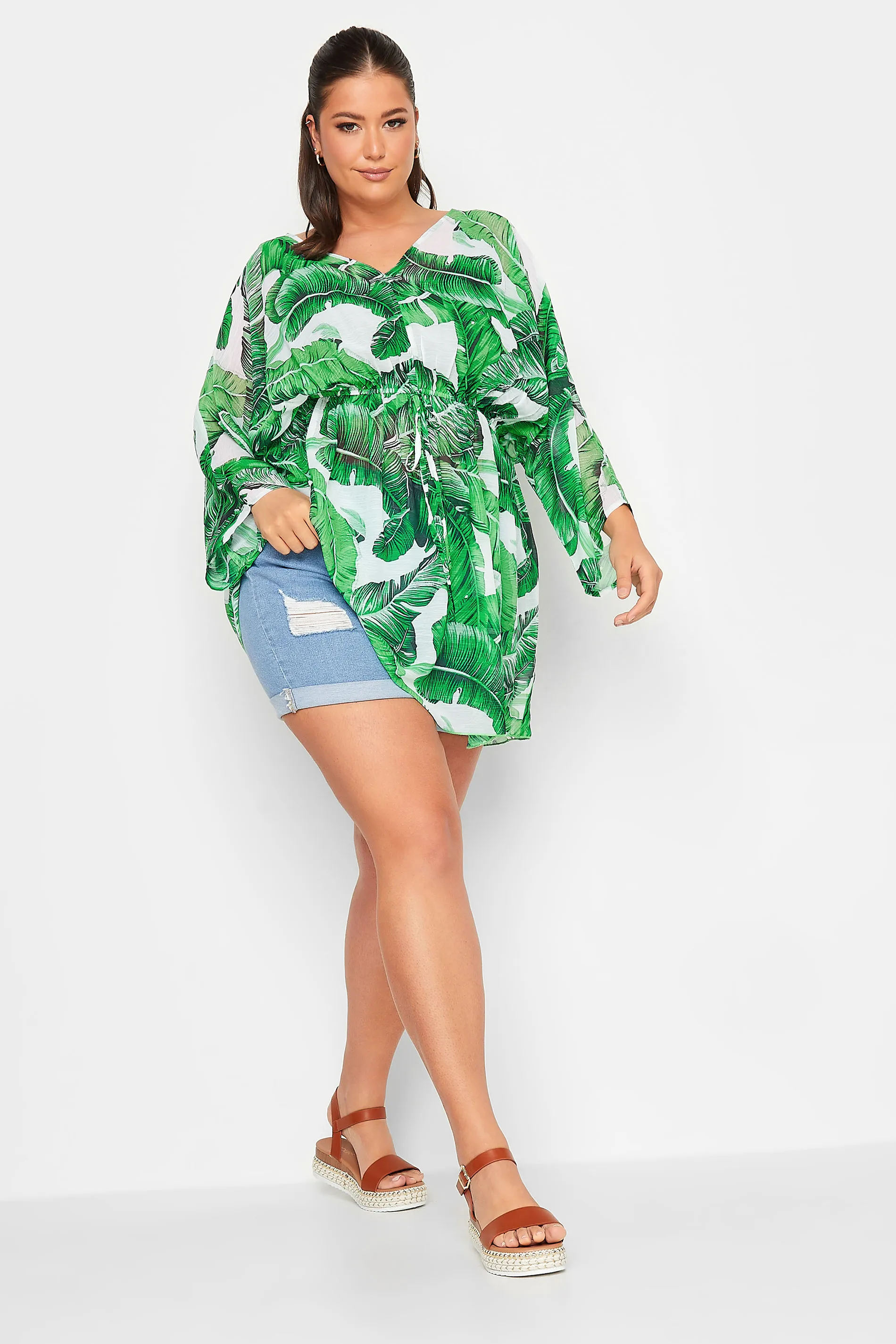 YOURS Curve Green Leaf Print Kimono - Green Leaf Print Kimono by YOURS Curve